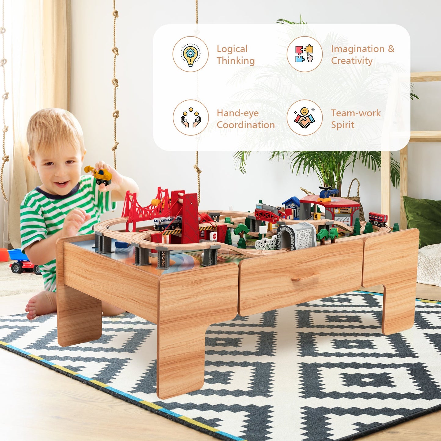 Wooden Train Track Set with Reversible Tabletop 100 Pieces Toy and Storage Drawer