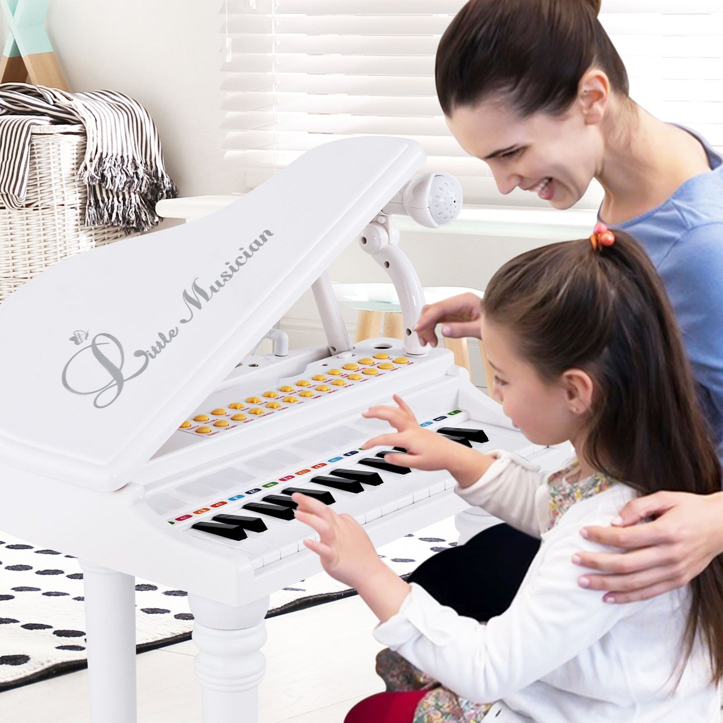 31 Keys Kids Portable Multifunctional Toy Piano with Microphone-White