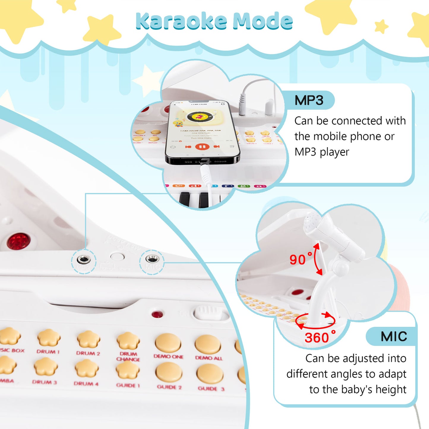 31 Keys Kids Portable Multifunctional Toy Piano with Microphone-White