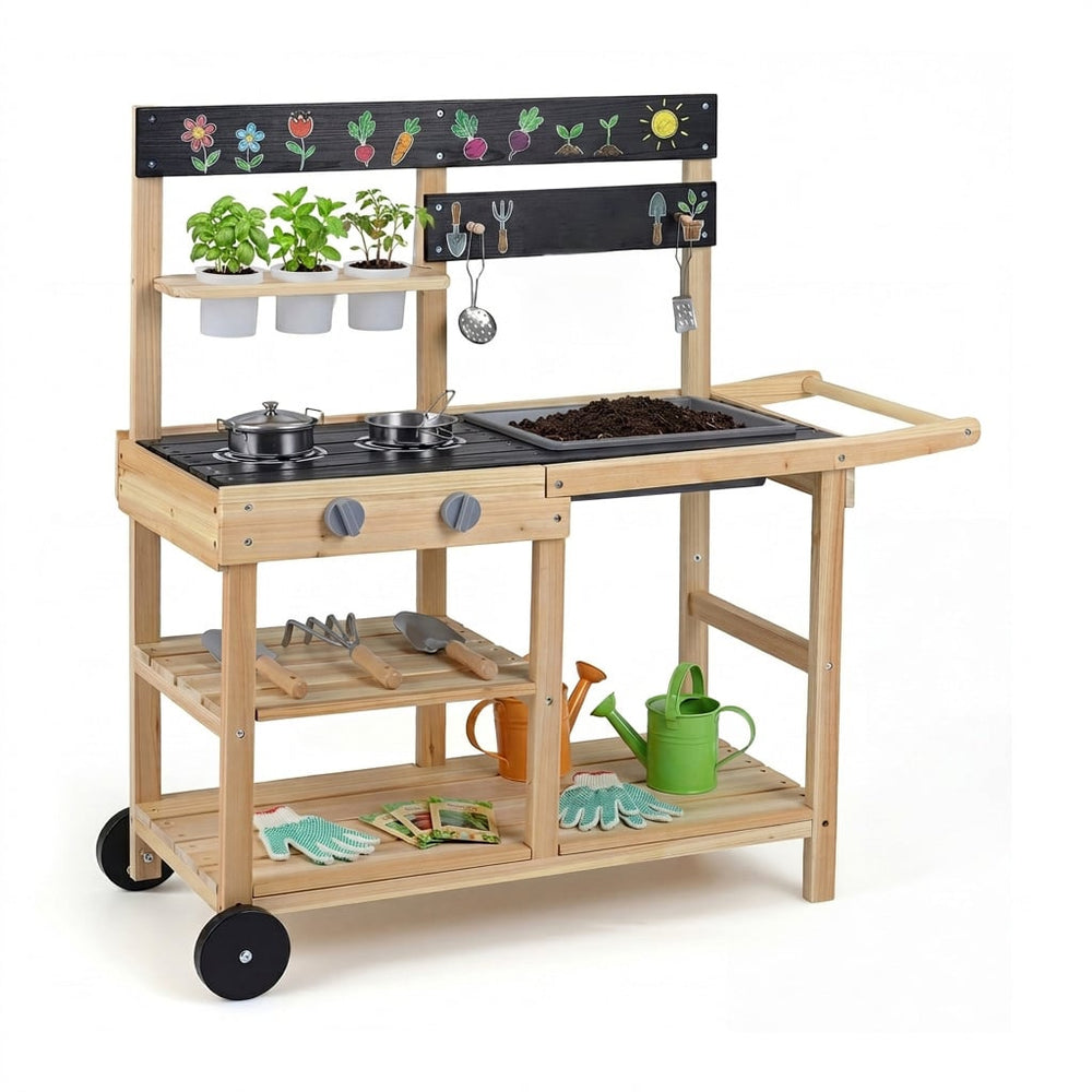 Wooden Mud Kitchen with Sink Chalkboard and Wheels and Storage for Ages 3+-Natural