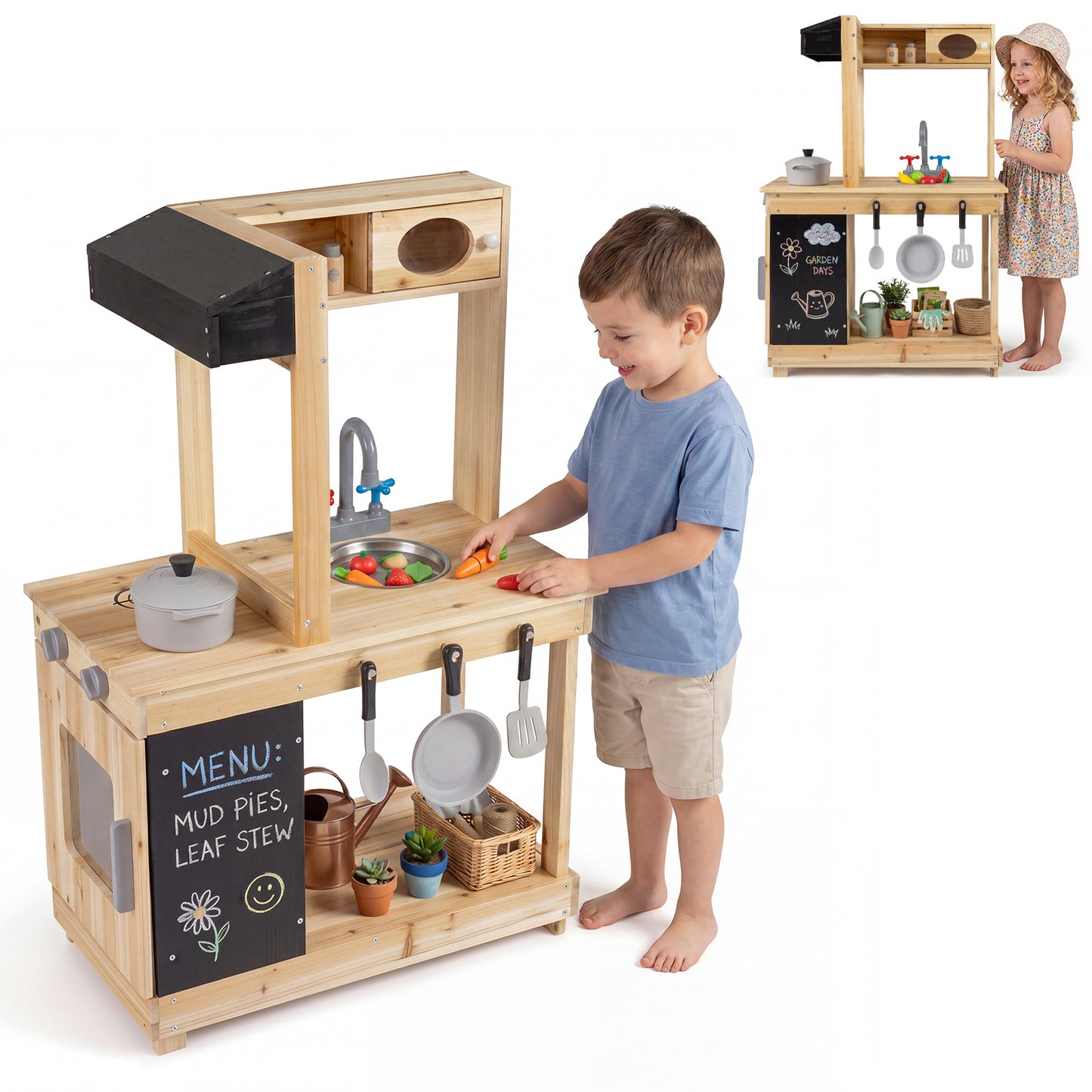 Outdoor Mud Kitchen with Stoves and Sink and Chalkboard for 3+ Kids-Natural