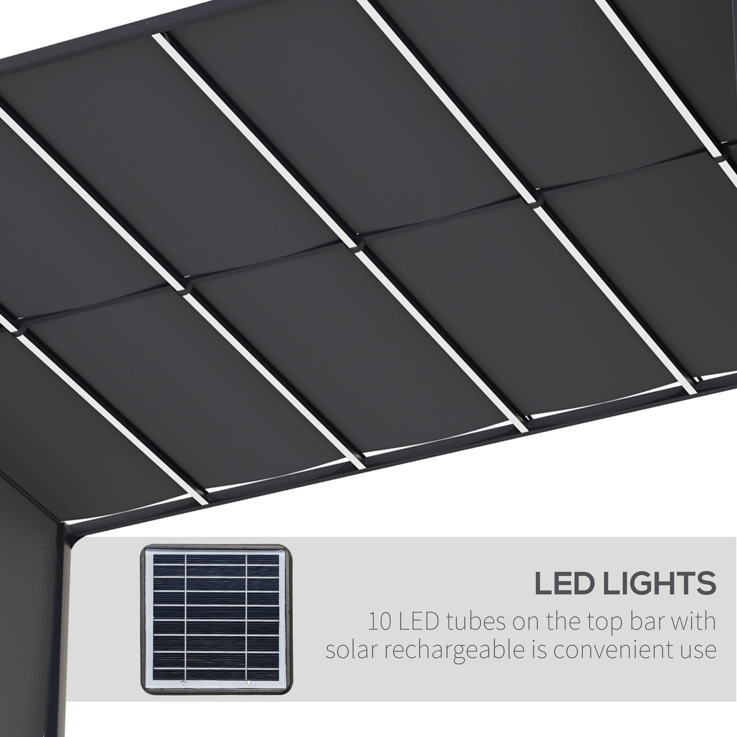 Outsunny 3(m) x 4m Metal Pergola with LED Lights, Outdoor Garden Pergola with Sliding Roof, Solar Powered, for BBQ,√Ç Lawn, Dark Grey
