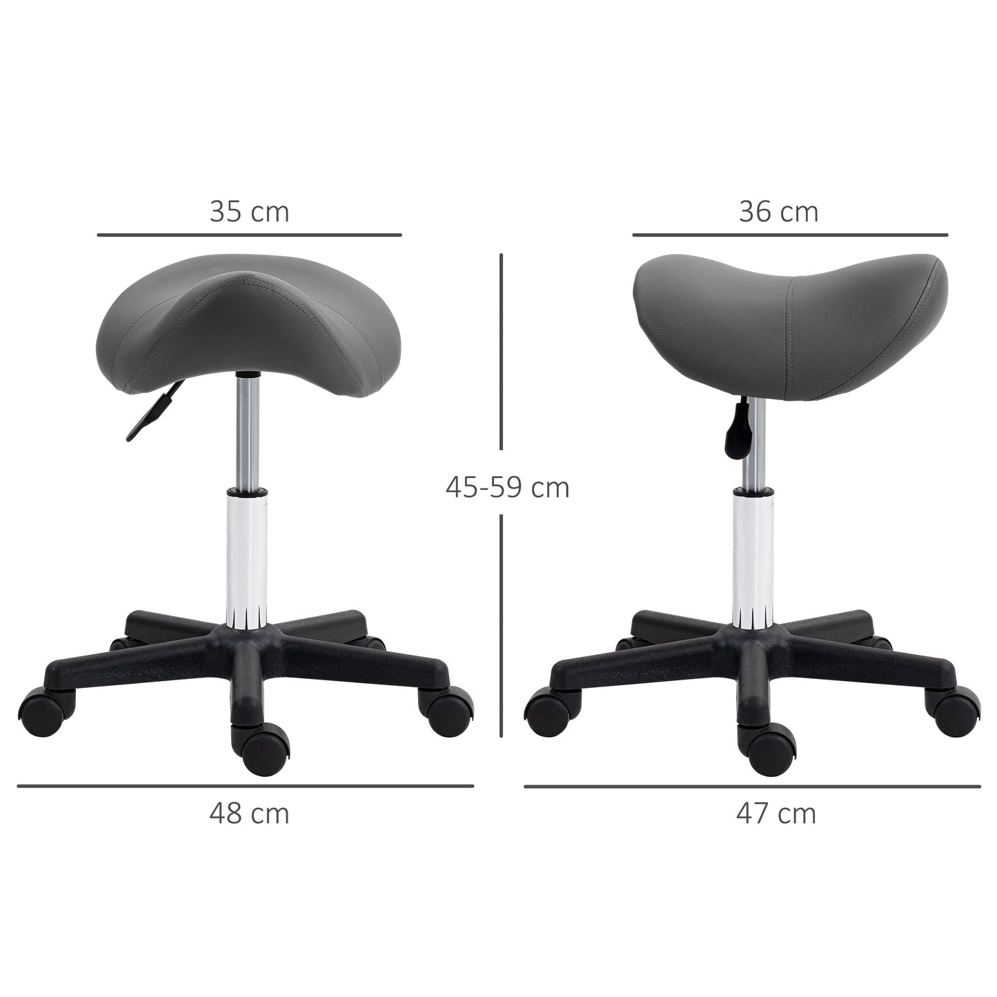 HOMCOM Saddle Stool, PU Leather Adjustable Rolling Salon Chair with Steel Frame for Massage, Spa, Beauty and Tattoo, Grey