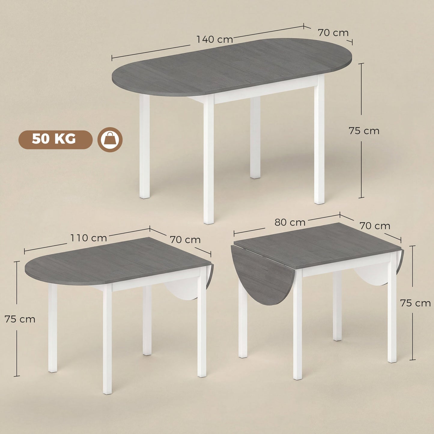 HOMCOM 4-6 Person Wooden Drop-Leaf Table - Grey