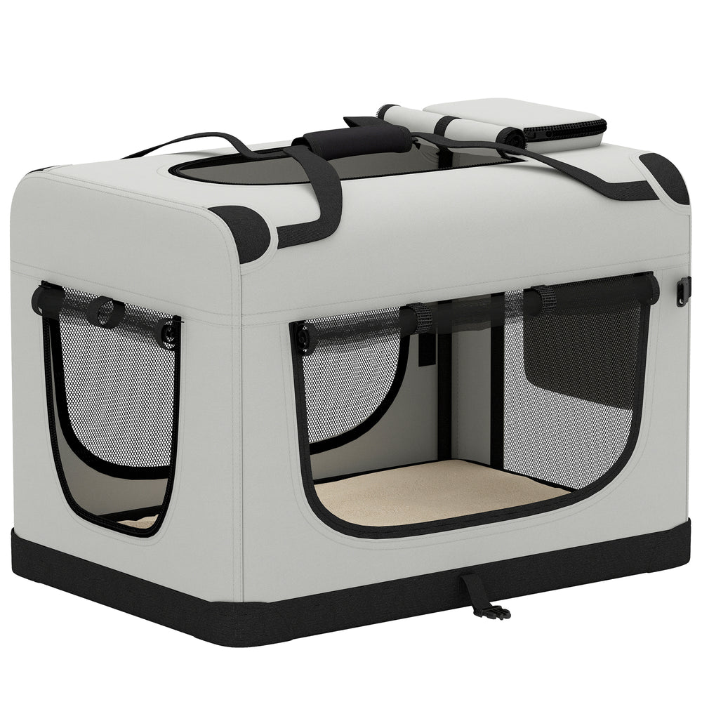 PawHut Pet Carrier Bag, Soft-Sided Dog Carrier with Security Buckle Strap, Washable Cushion and Folded Bowl, Light Grey