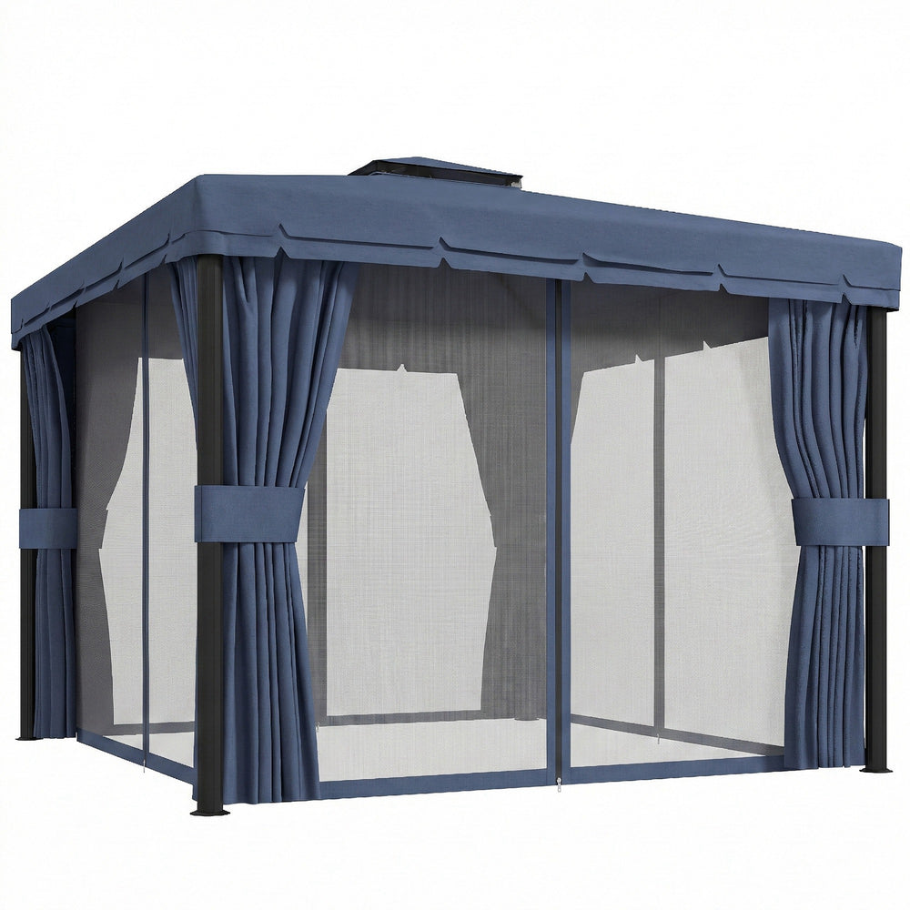 Outsunny 3 x 3(m) Patio Gazebo Canopy Garden Pavilion Tent Shelter Marquee with 2 Tier Roof, Netting and Curtains, Dark Blue