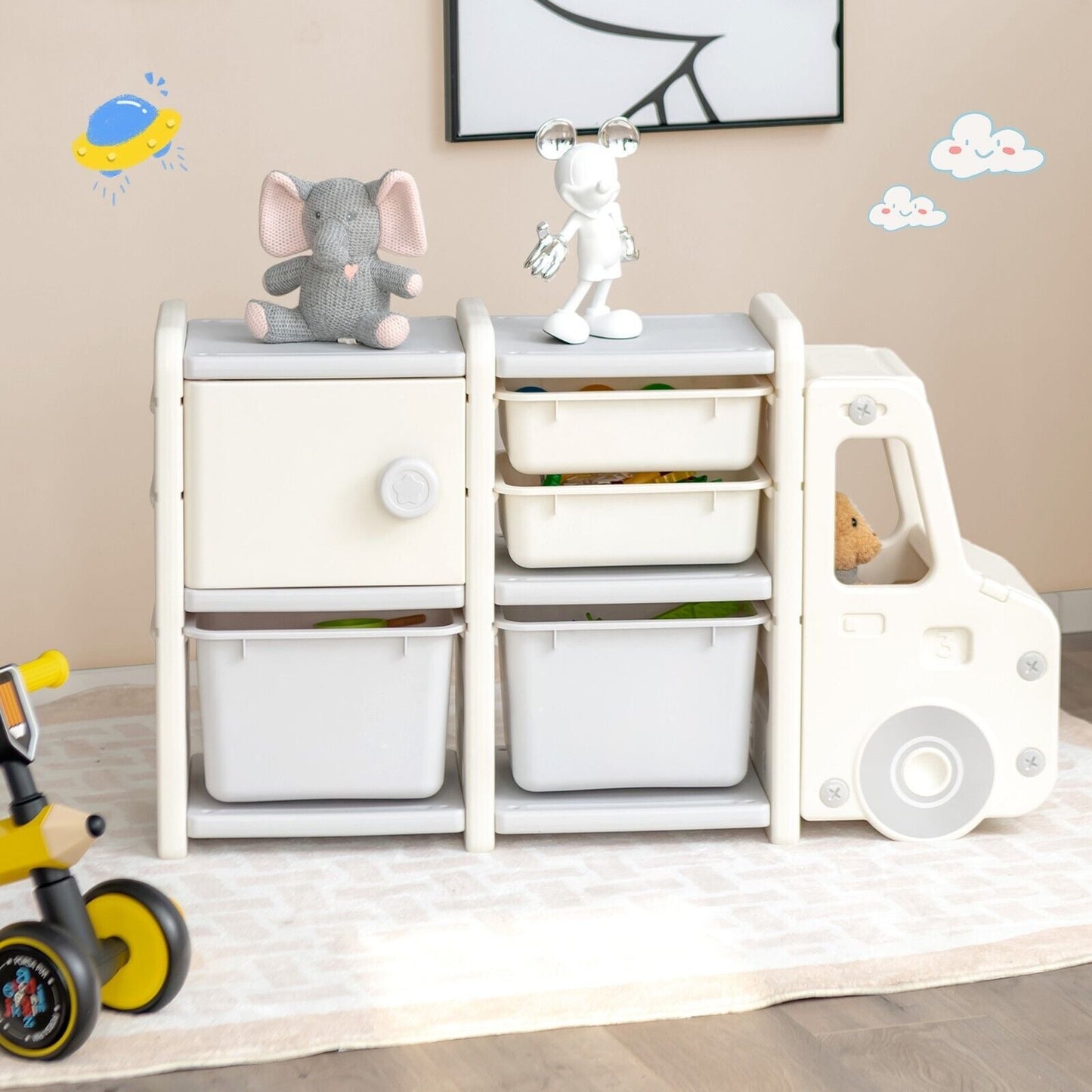 Kids Storage Units with 2 Plastic Bins and 2 Drawers-Beige