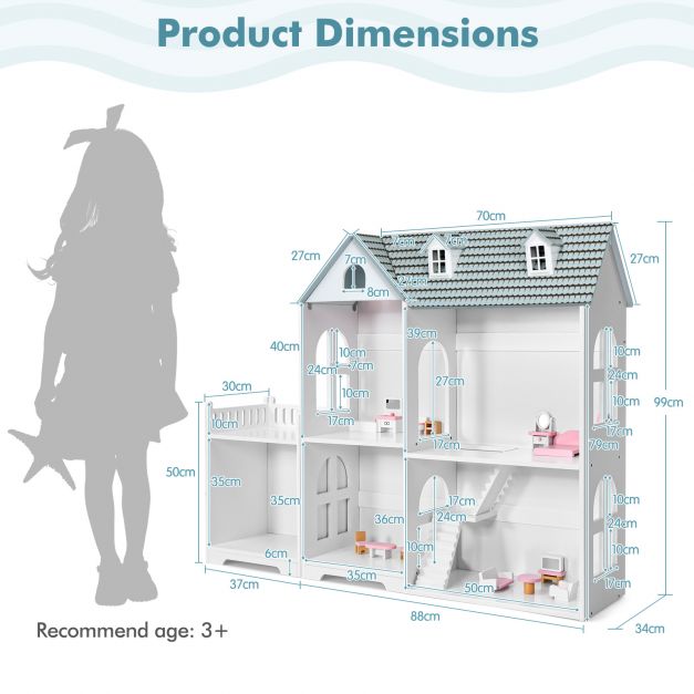 2-Tier Dollhouse Bookcase with Sufficient Storage Space-Gray