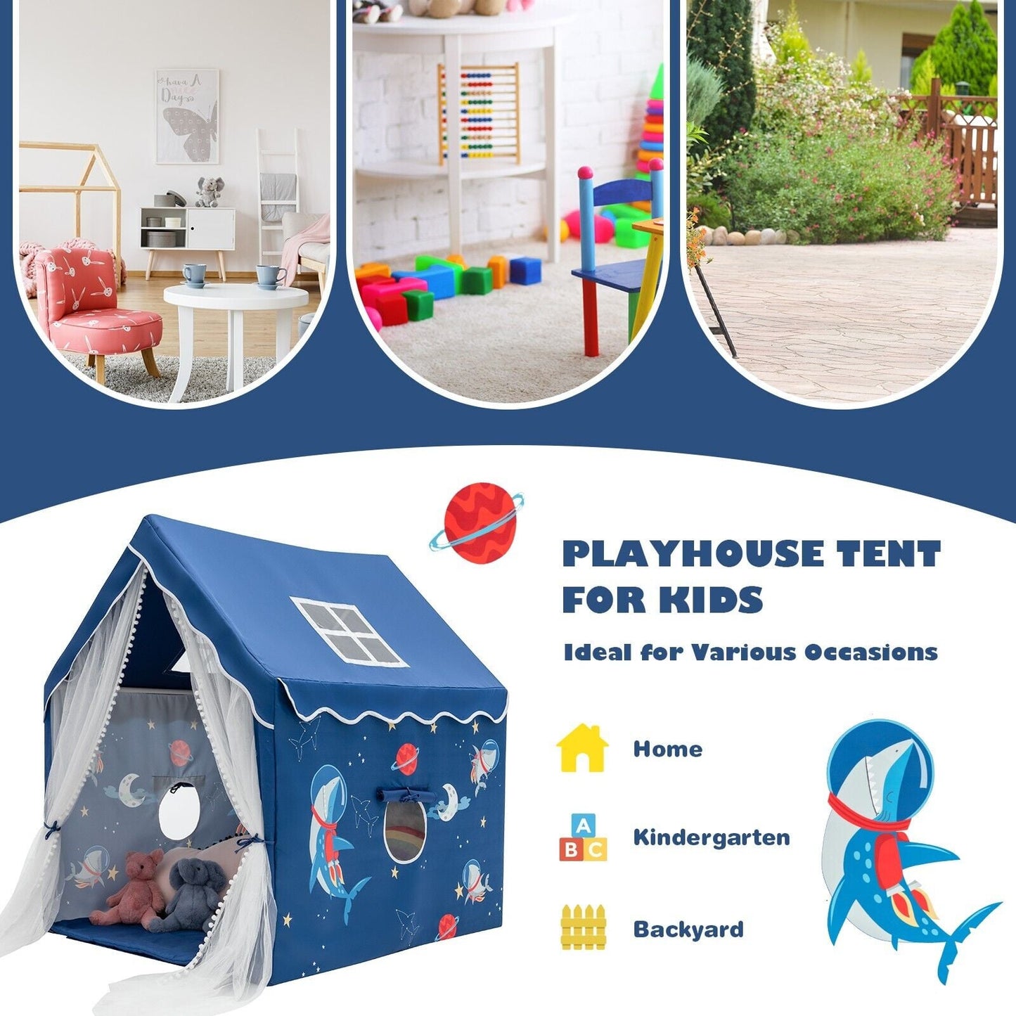 Kids Play Tent with Washable Mat and Windows-Blue