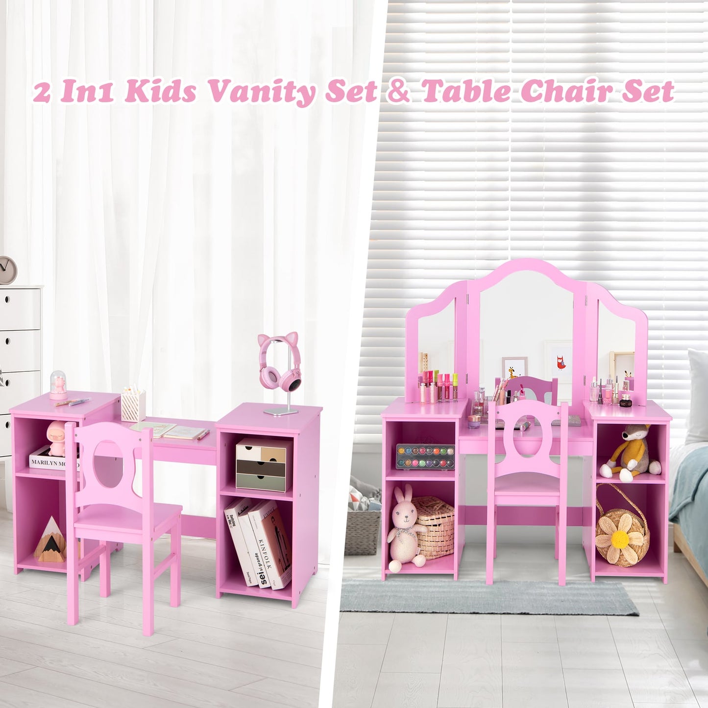 Kids Makeup Desk and Chair Set with Tri-Folding Detachable Mirror-Pink