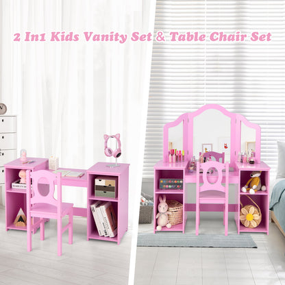Kids Makeup Desk and Chair Set with Tri-Folding Detachable Mirror-Pink