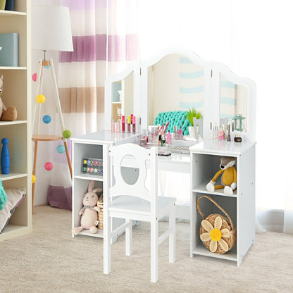 Kids Makeup Desk and Chair Set with Tri-Folding Detachable Mirror-White