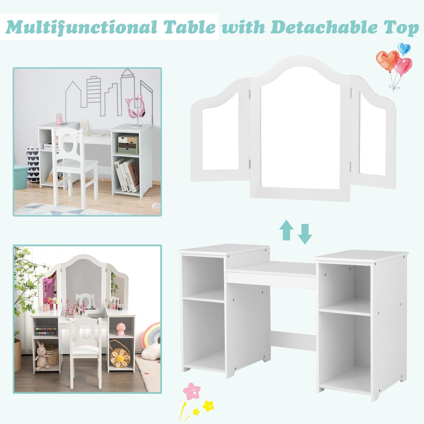 Kids Makeup Desk and Chair Set with Tri-Folding Detachable Mirror-White