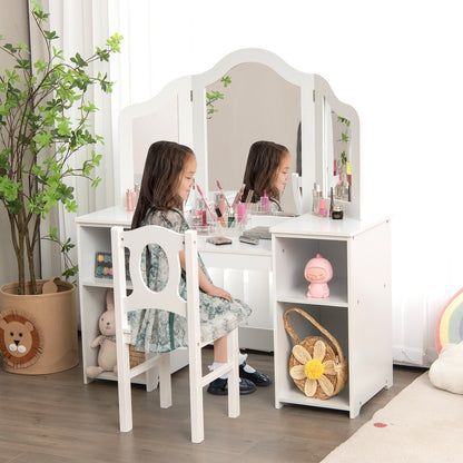 Kids Makeup Desk and Chair Set with Tri-Folding Detachable Mirror-White