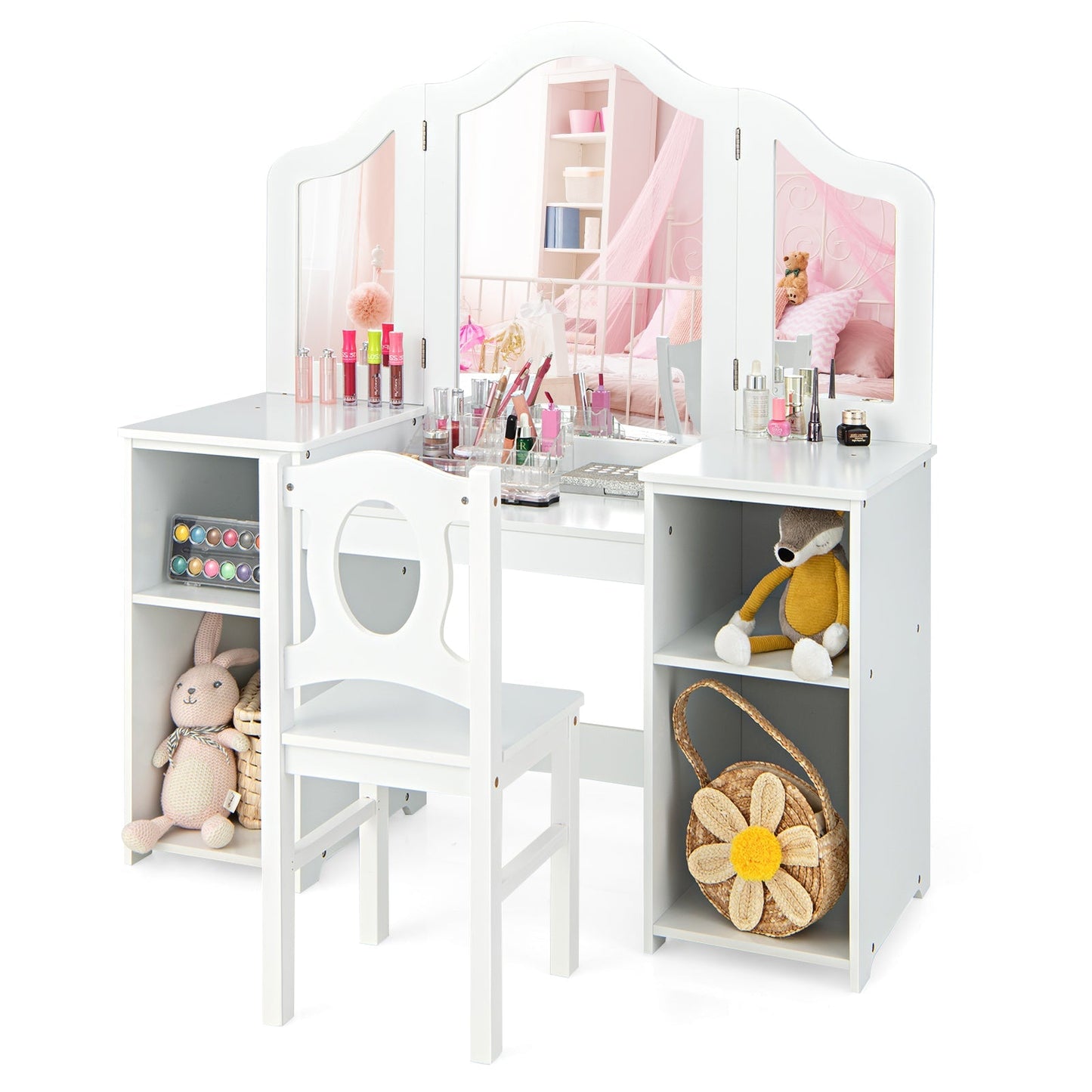 Kids Makeup Desk and Chair Set with Tri-Folding Detachable Mirror-White