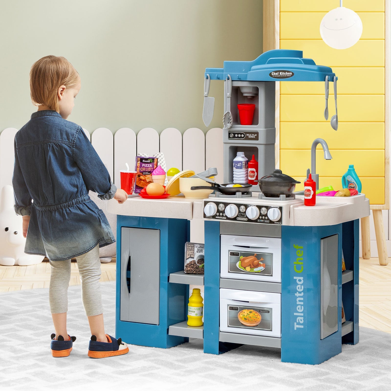 Kids Kitchen Playset with 67 Pieces Accessories and Realistic Lights-Blue