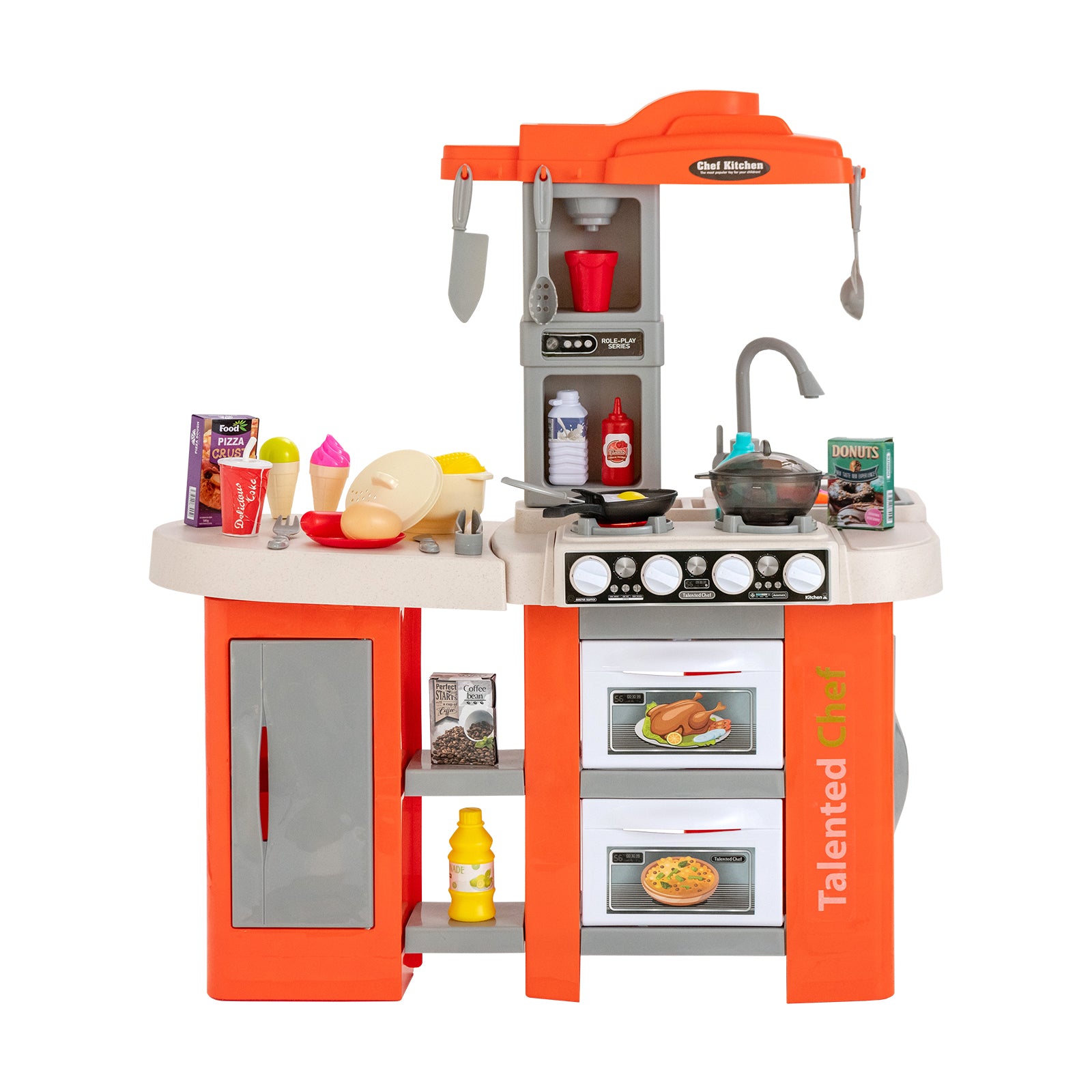Kids Kitchen Playset with 67 Pieces Accessories and Realistic Lights-Orange