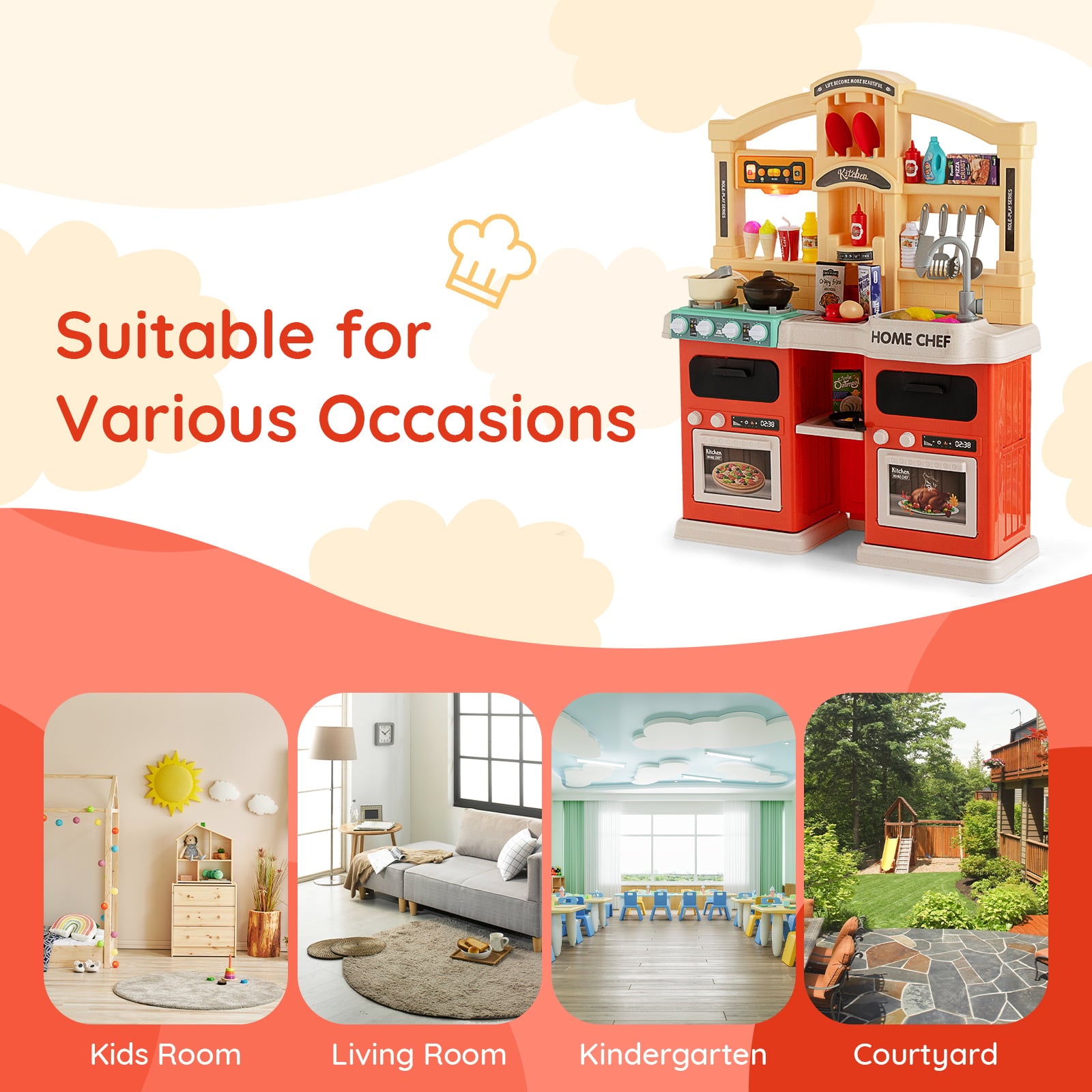 69 Pieces Kids Kitchen Playset Toy with Boiling and Vapor Effects-Orange