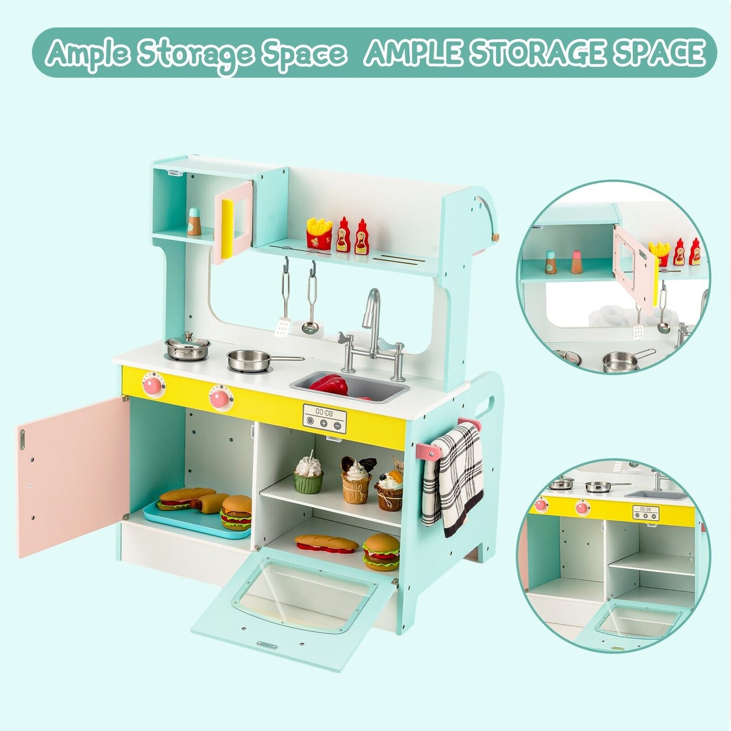 Double Sided Kids Kitchen Playset with Microwave Sink Oven-Blue