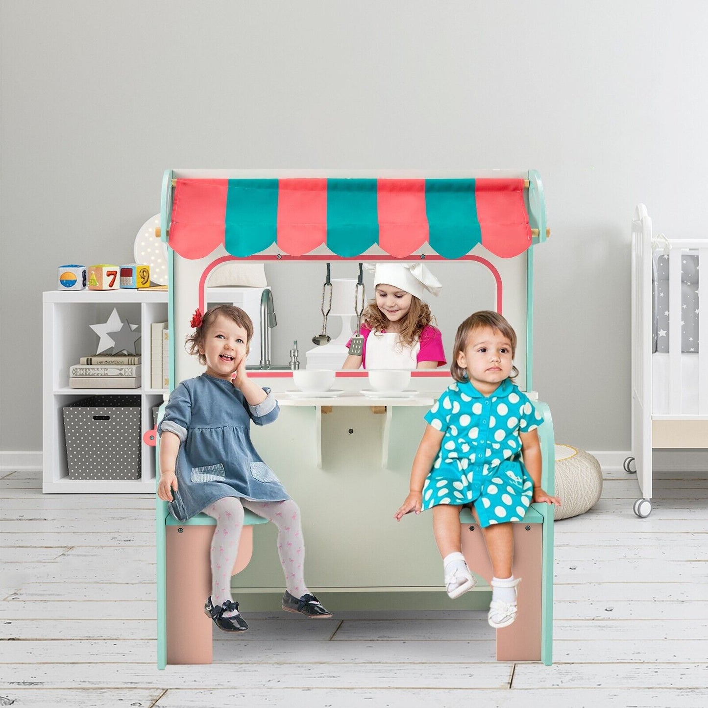 Double Sided Kids Kitchen Playset with Microwave Sink Oven-Blue