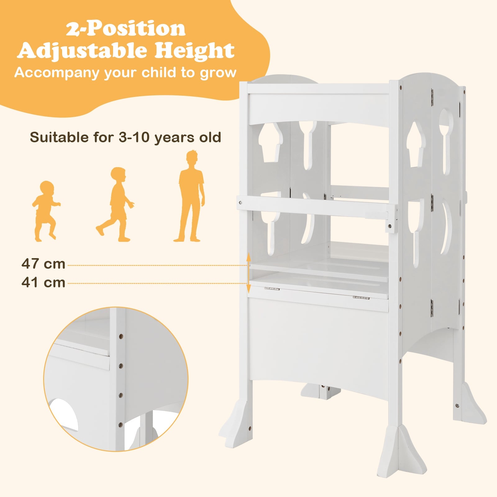 Folding Height Adjustable Kids Step Stool with Safety Latches-White