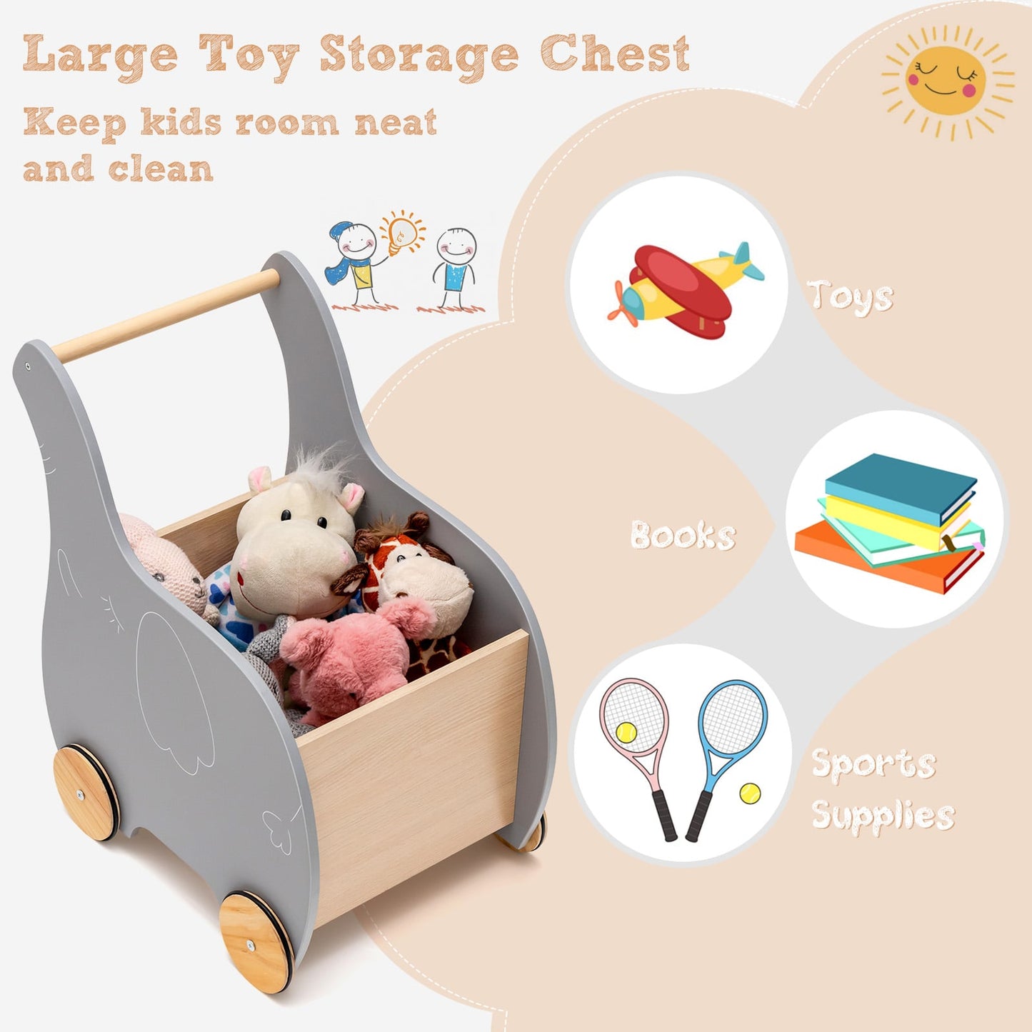 2-in-1 Wooden Baby Walker with Storage Chest and 4 Wheels-Grey