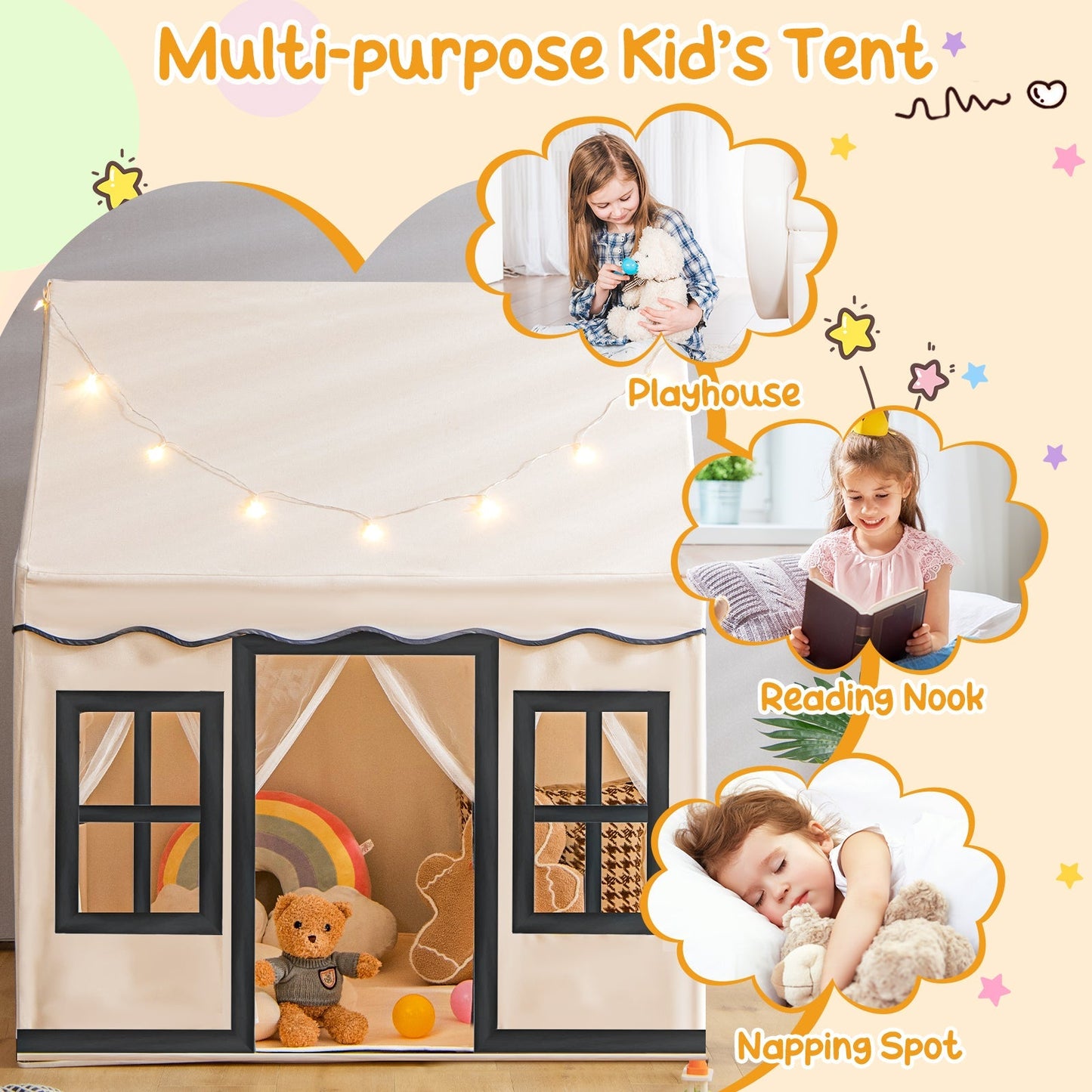 Indoor Kids Play Tent with Star Lights for Children Boys Girls Gift-Beige