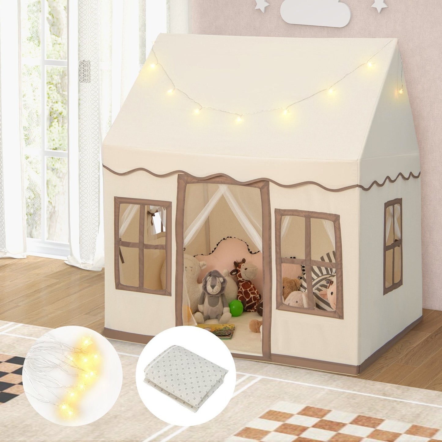 Indoor Kids Play Tent with Star Lights for Children Boys Girls Gift-Brown