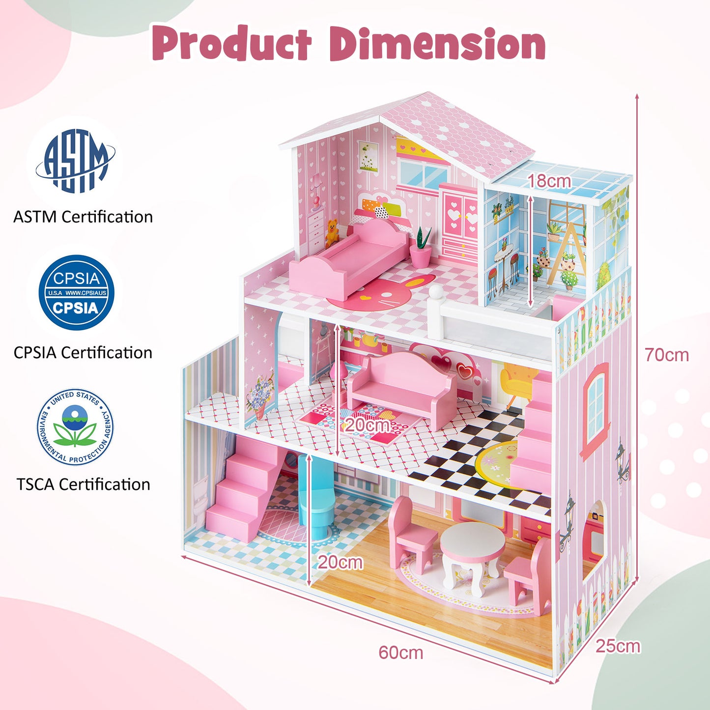 Kids Wooden Dollhouse DIY Pretend for Toddlers 3-7 Years Old-Pink