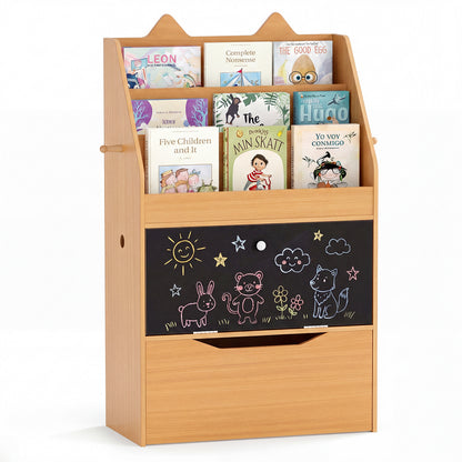 Wooden Kids Bookshelf with Movable Drawer & Chalkboard for Playroom Nursery-Natural