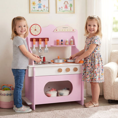 Pretend Play Toy Kitchen Set with Clock Stove Spice Rack-Pink