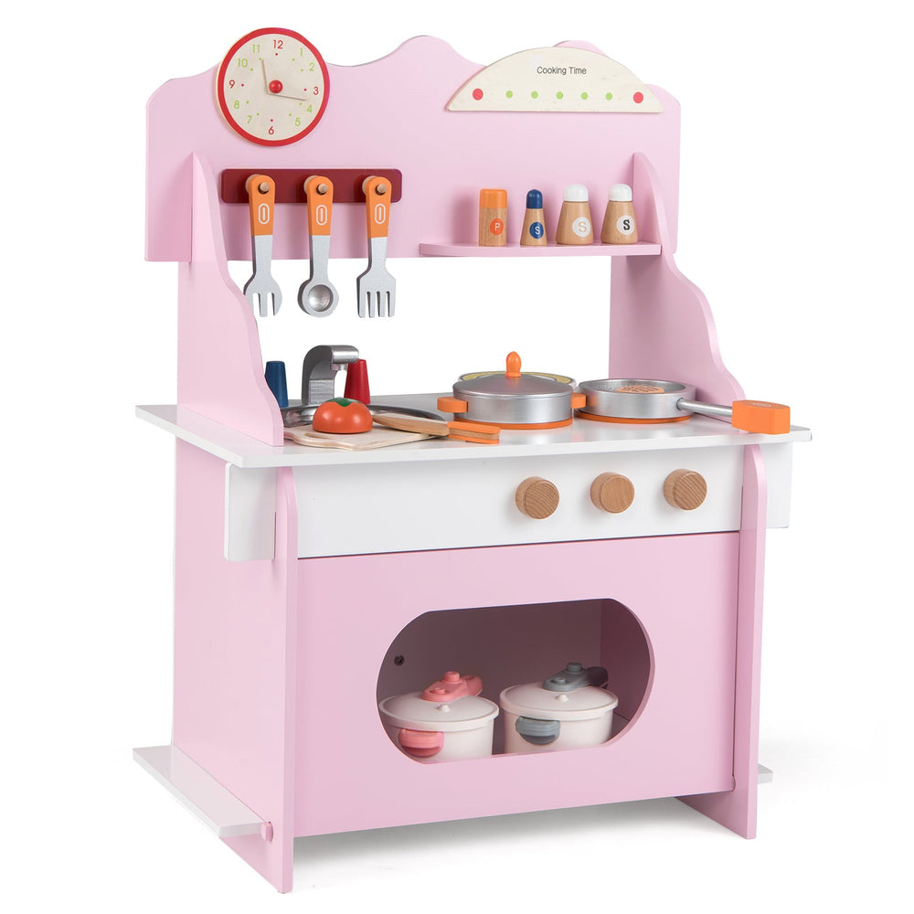 Pretend Play Toy Kitchen Set with Clock Stove Spice Rack-Pink