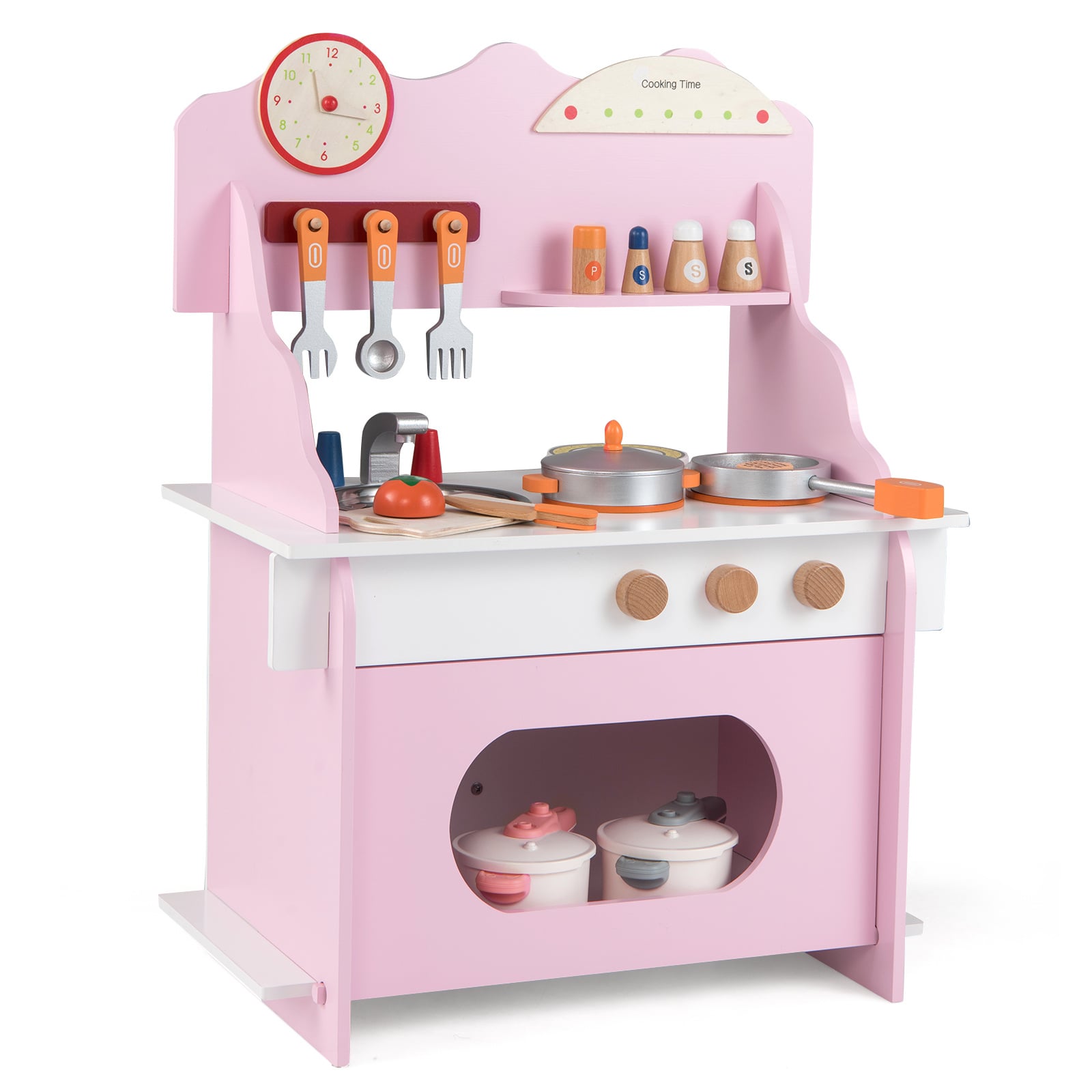 Pretend Play Toy Kitchen Set with Clock Stove Spice Rack-Pink