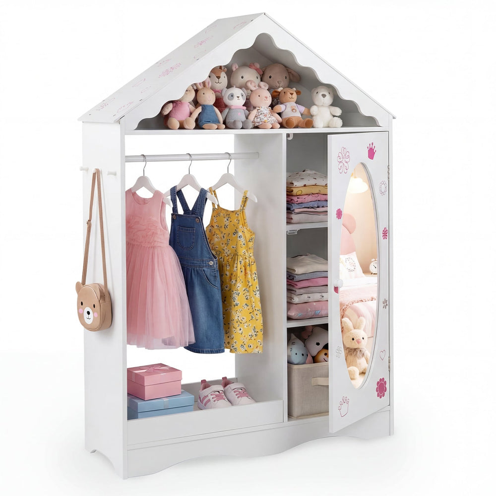 Kids Dress Up Storage with Mirror Roofed Wardrobe Closet with Open Hanging Rack-White