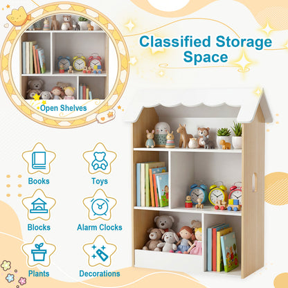 House-Shaped Kids Bookshelf with Roof and Windows for Playroom-White