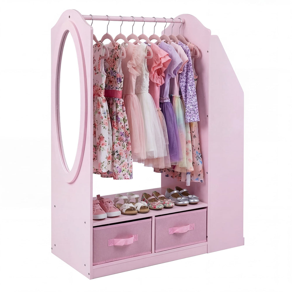 Kids Wardrobe with Full-Length Mirror Dress Up Storage Cabinet with Hanging Rack Bookshelf-Pink