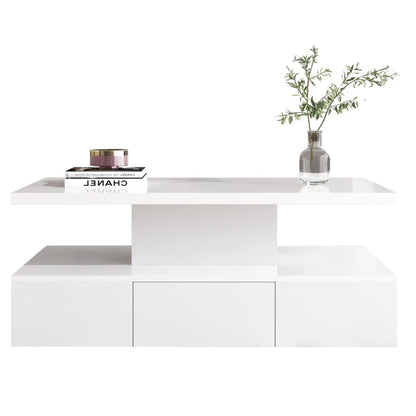 High-Gloss Coffee Table with Drawer, Two Storage Levels and LED Light, 100x50x39 cm, White