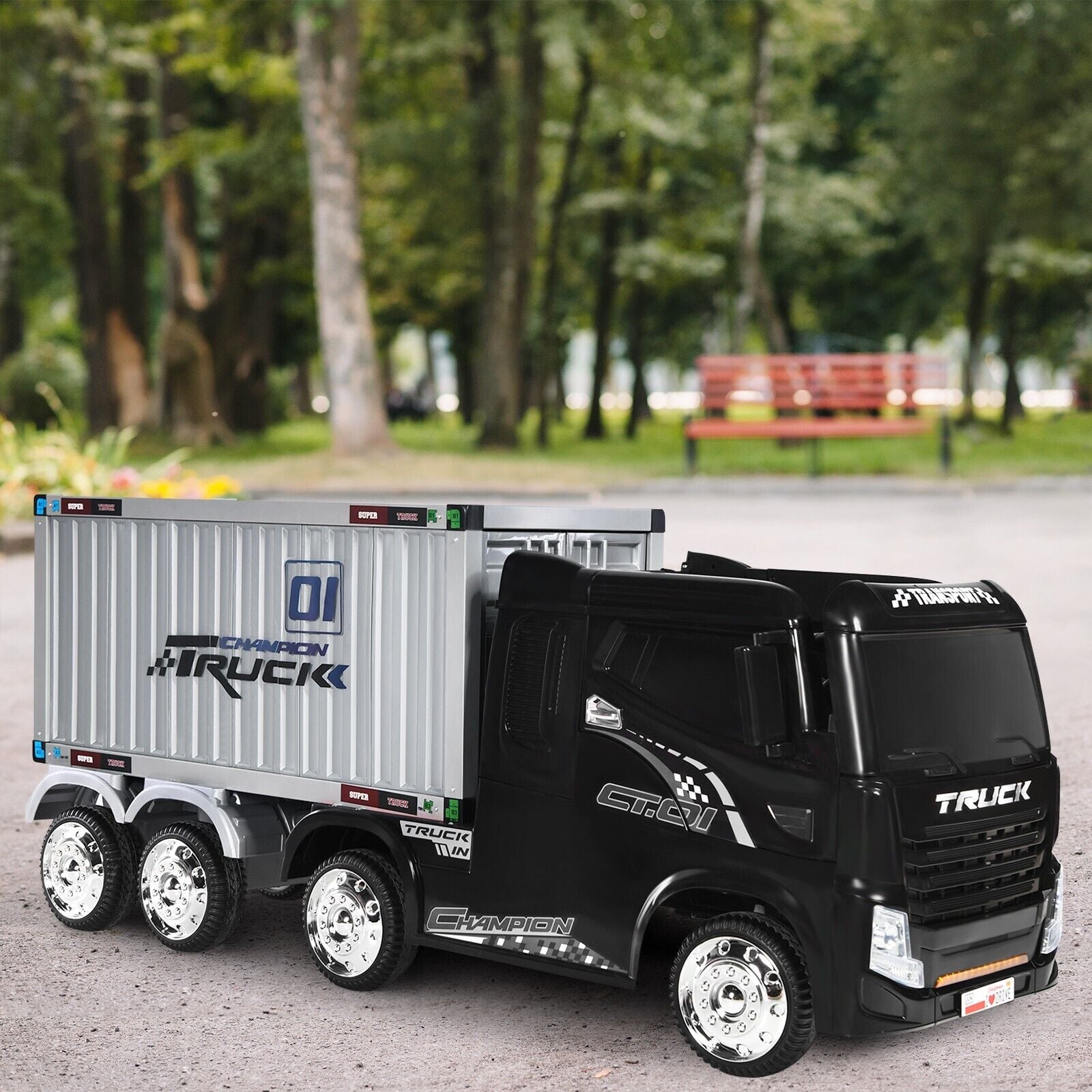12V Ride-On Semi-Truck with Container for Kids of 3-8 Year Old-Black