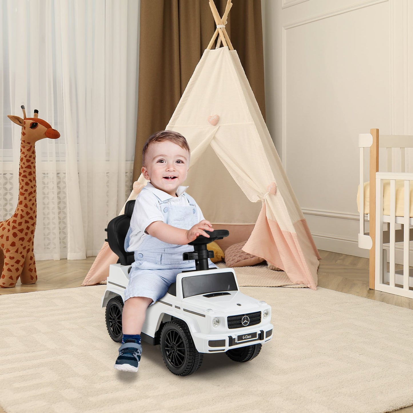 3-in-1 Baby Foot-to Floor Sliding Walker with Push Handle-White
