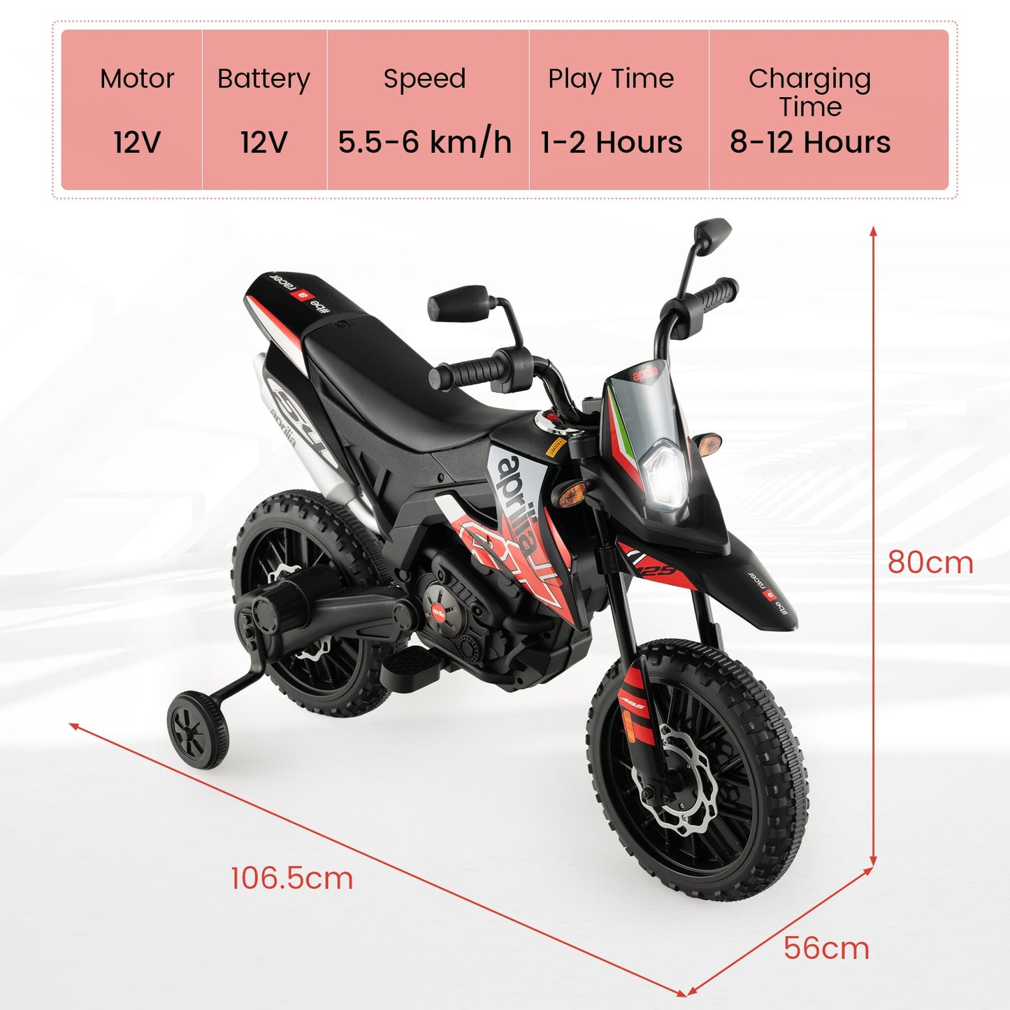 12V Battery Powered Toddler Motorbike with Music for 3-8 Years Old Kids-Red