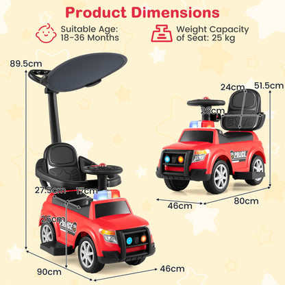 3-in-1 Toddler Push Car with Handle Canopy and Siren Flashing Light for 18-36 Month Kids-Red