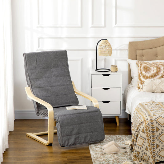 HOMCOM Wooden Armchair, Upholstered Linen Lounge Chair with Adjustable Footrest & Removable Cushion, Poang Chair for Living Room, Dark Grey