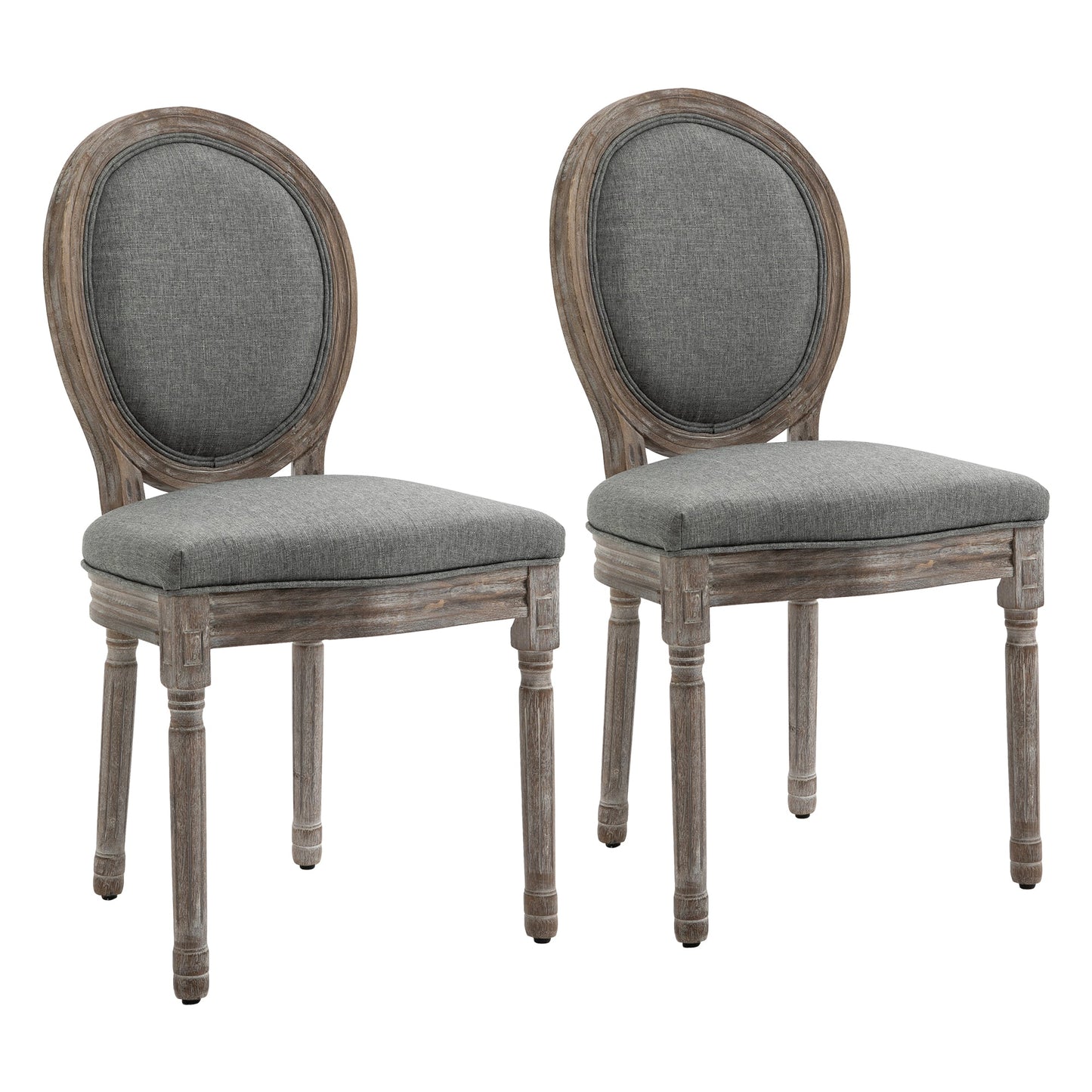 HOMCOM Dining Chairs Set of 2, French-Style Upholstered Kitchen Chairs with Padded Seats, Wood Frame and Round Back, Grey