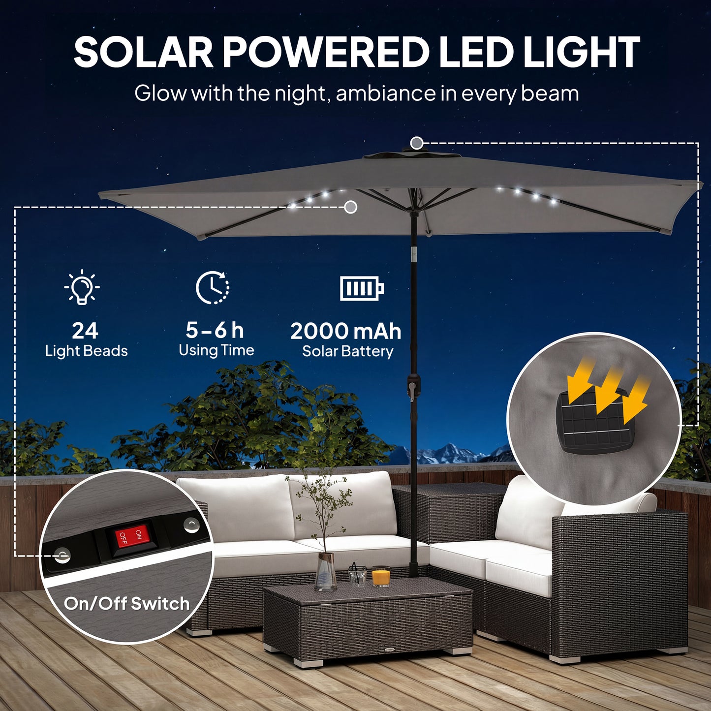 Outsunny 3 x 2 m Garden Parasol Umbrella with LED Solar Light, Parasol Cover, Outdoor Market Patio Umbrella, Dark Grey