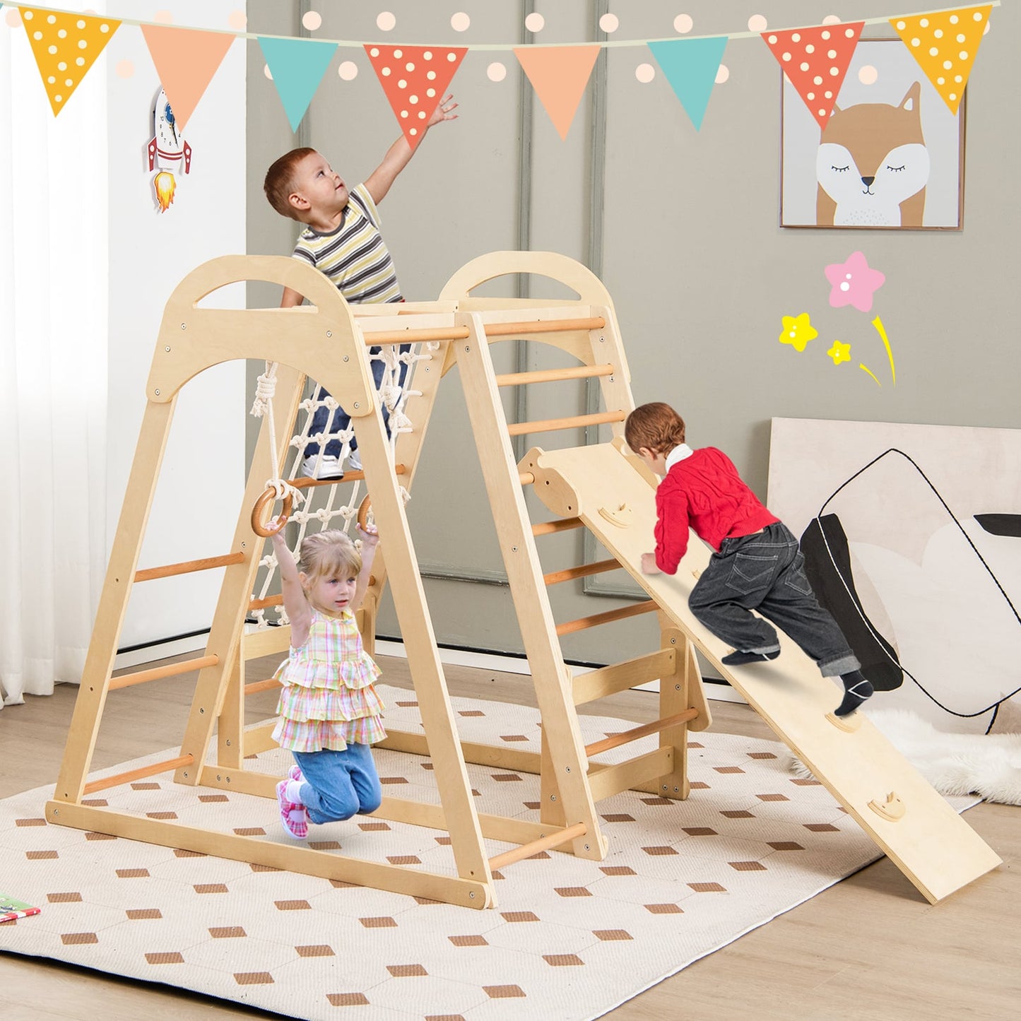 6-in-1 Kids Indoor Playground with Slide for Toddlers over 1 Year Old-Natural