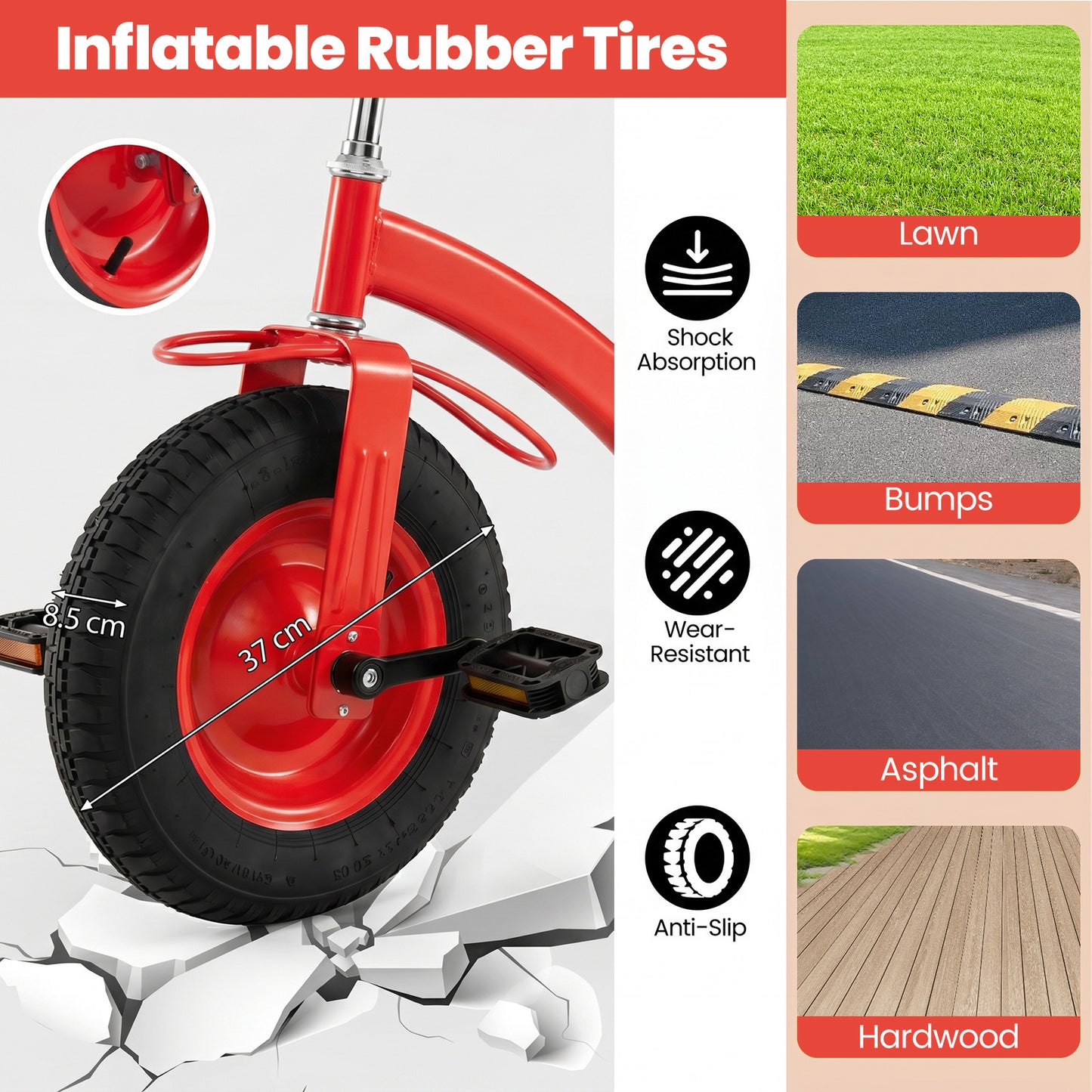 Kids Tricycle with Storage Basket and Inflatable Tires for Boys Girls Ages 3+-Red