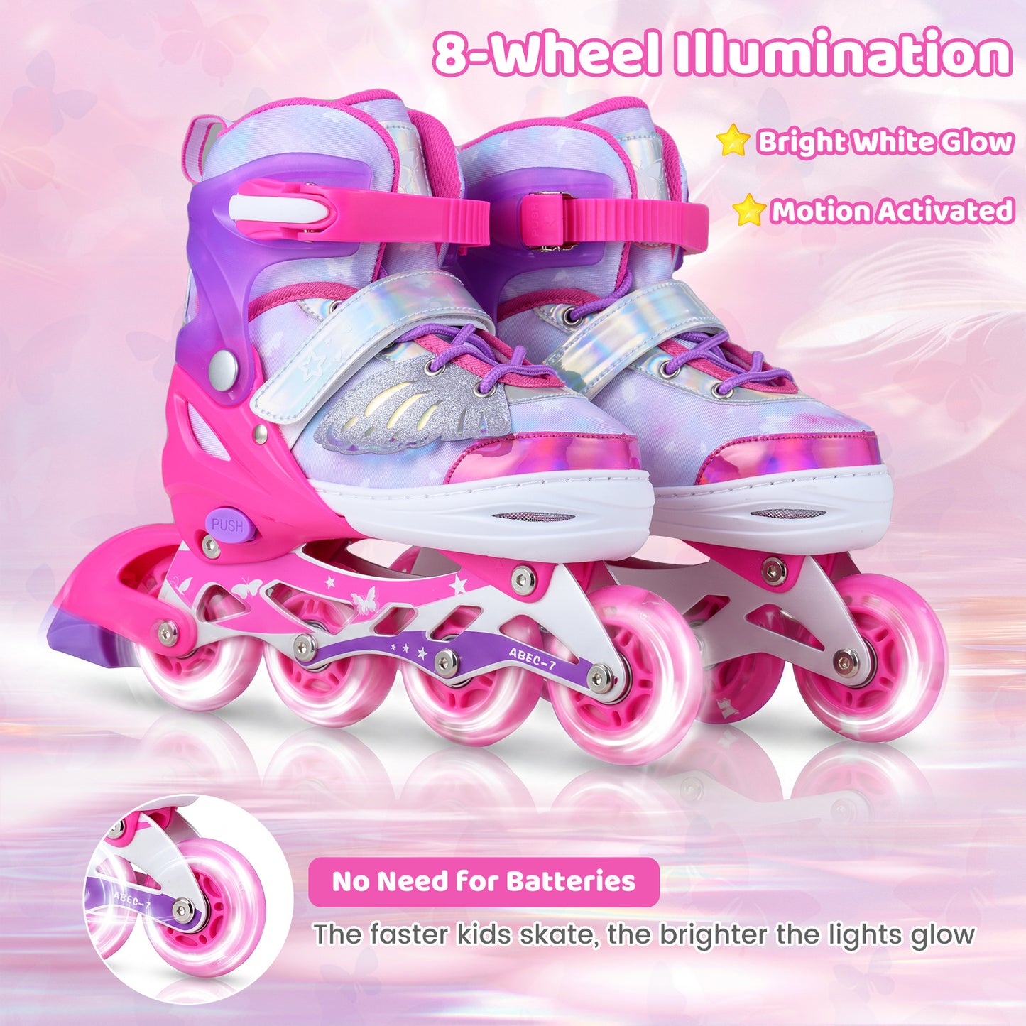 Kids Inline Skates with Full Light Up PU Wheels Adjustable Length for Beginners-Pink