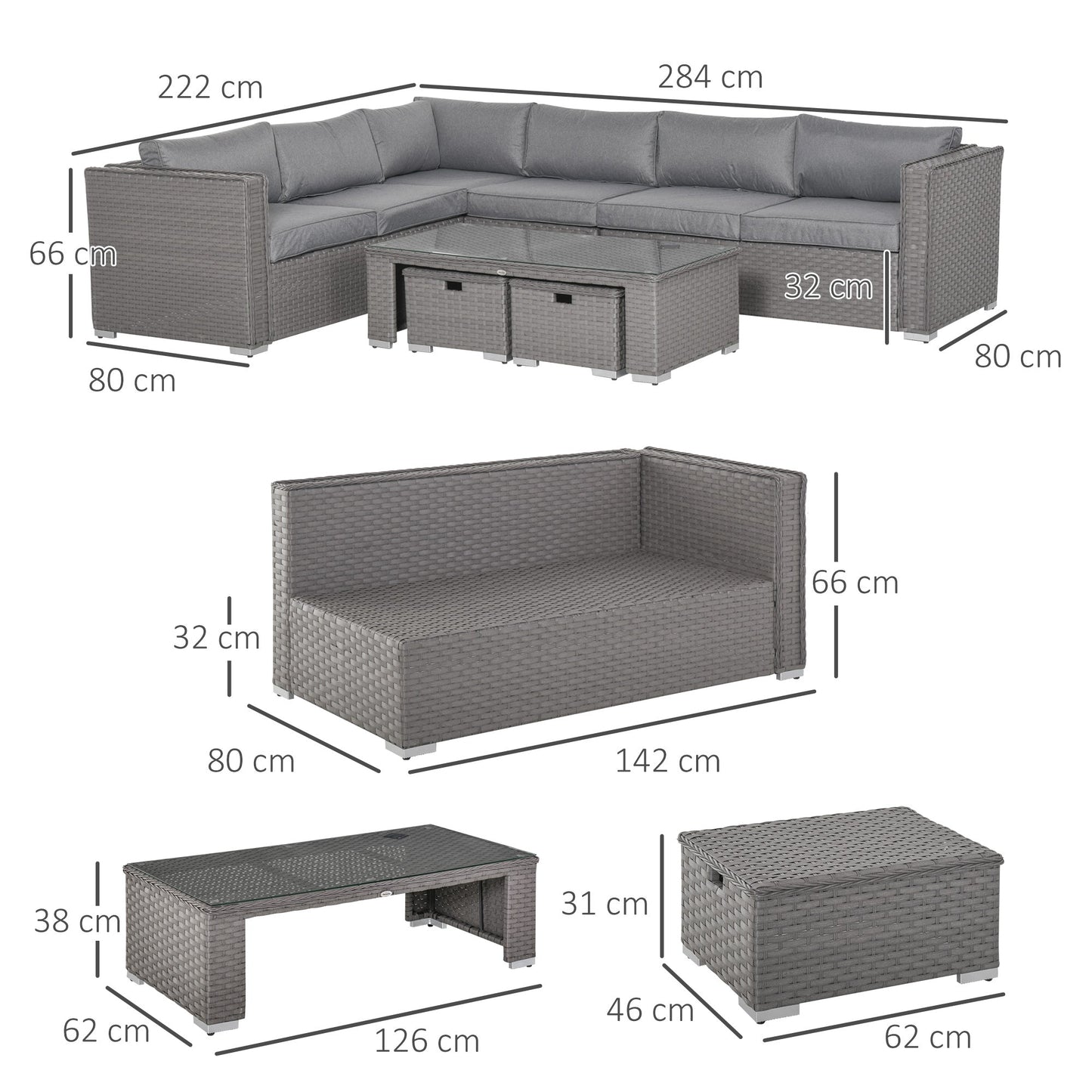 Outsunny 6 Pieces Outdoor PE Rattan Wicker Corner Sofa Set with 10cm Thick Padded Cushions, Aluminium Conservatory Furniture with Glass Top Coffee Table, Footstools, Grey