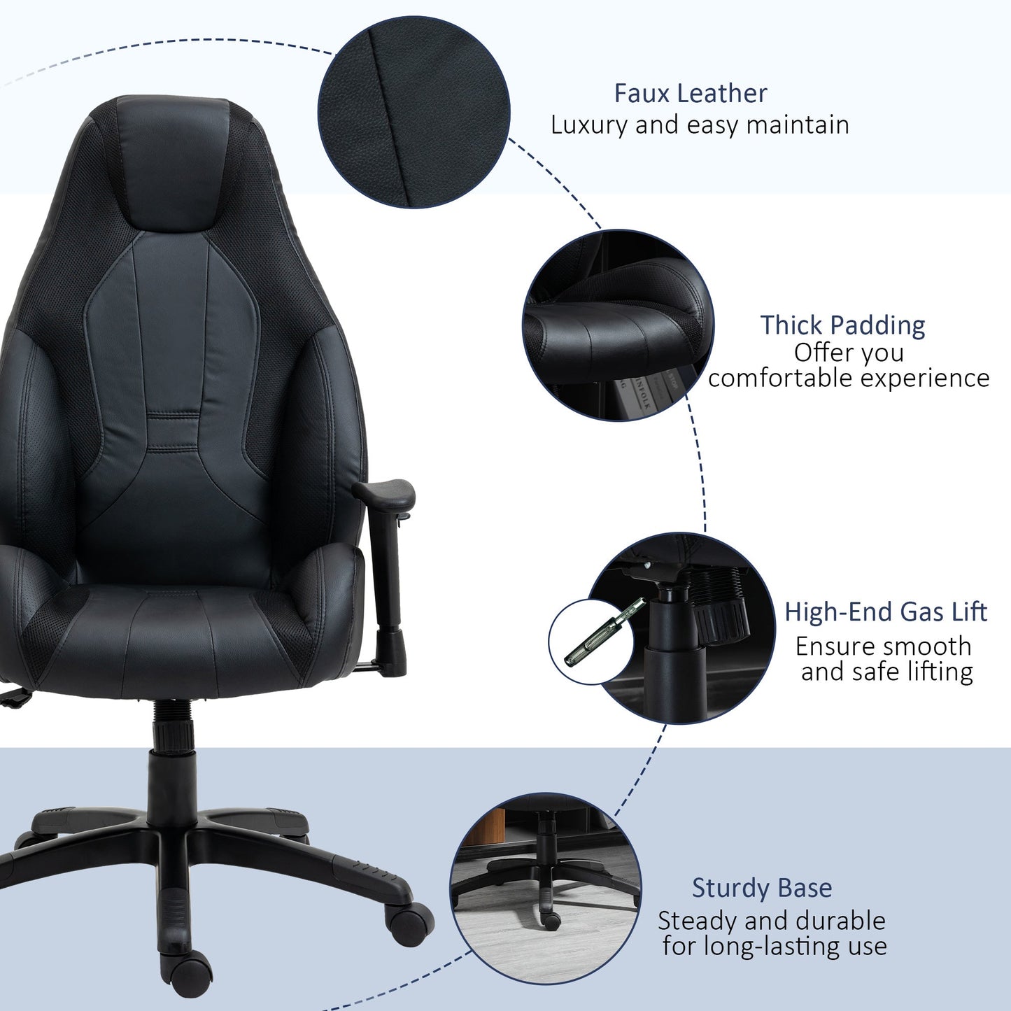 Vinsetto High Back Executive Office Chair Mesh & Fuax Leather Gaming Gamer Chair with Swivel Wheels, Adjustable Height and Armrest, Black