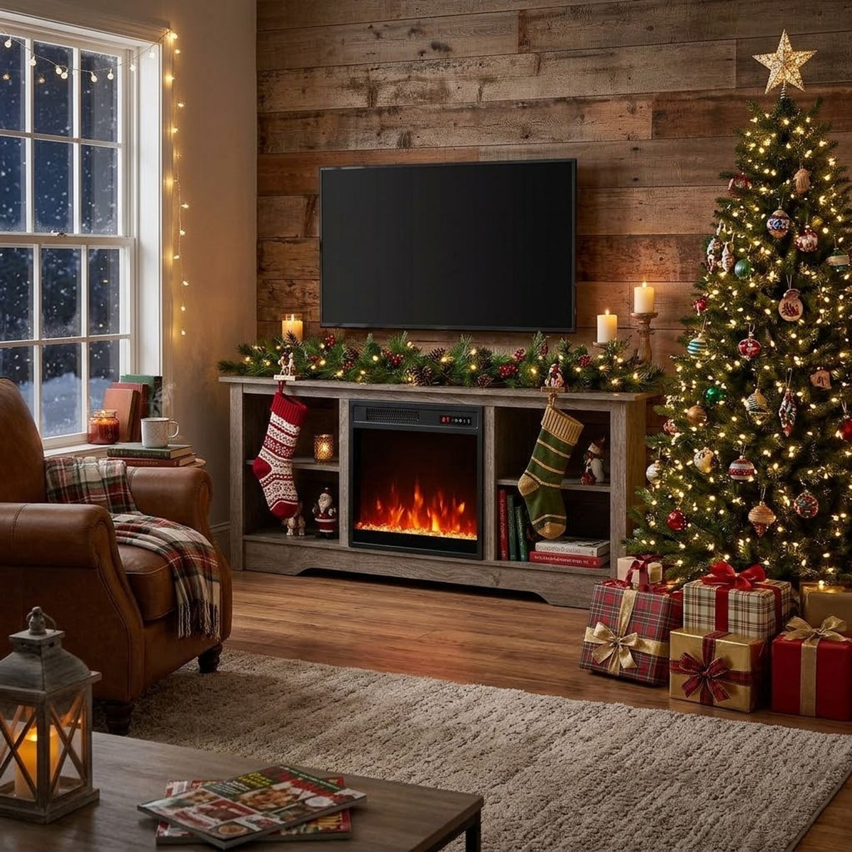 TV Stand and Electric Fireplace Set with Adjustable Flame Effects-Grey